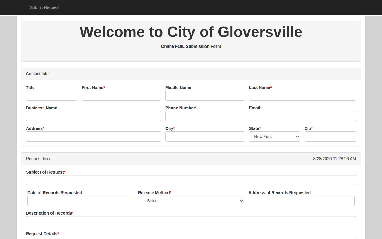 Gloversville FOIL portal for municipal arrest and booking record requests